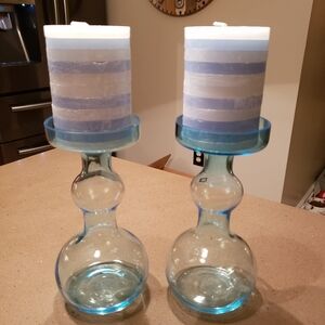 Pair Of Blue Glass Candleholders With Candles